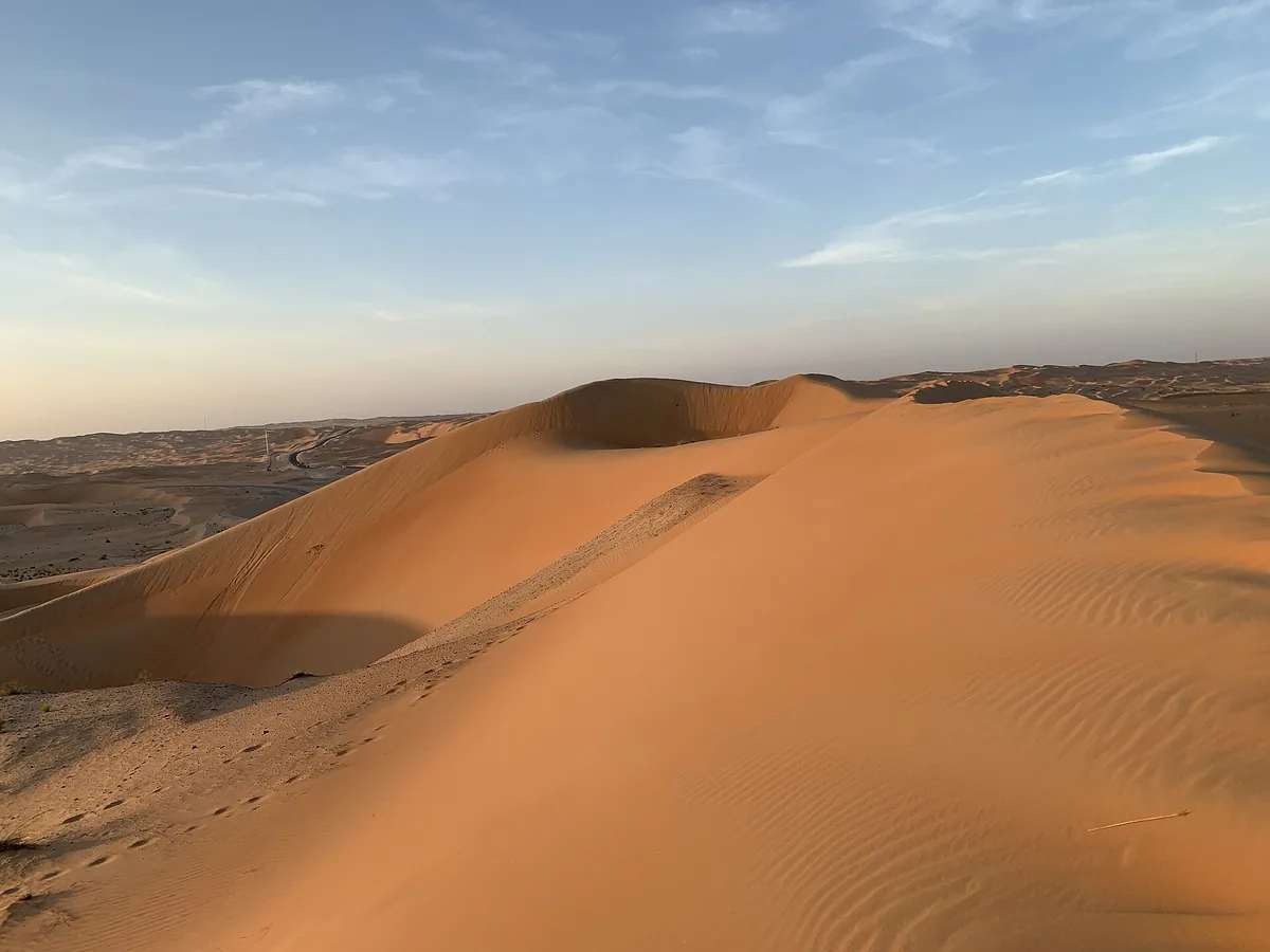 The sand dunes of the Rub al Khali, the desert that runs south from the Emirates.