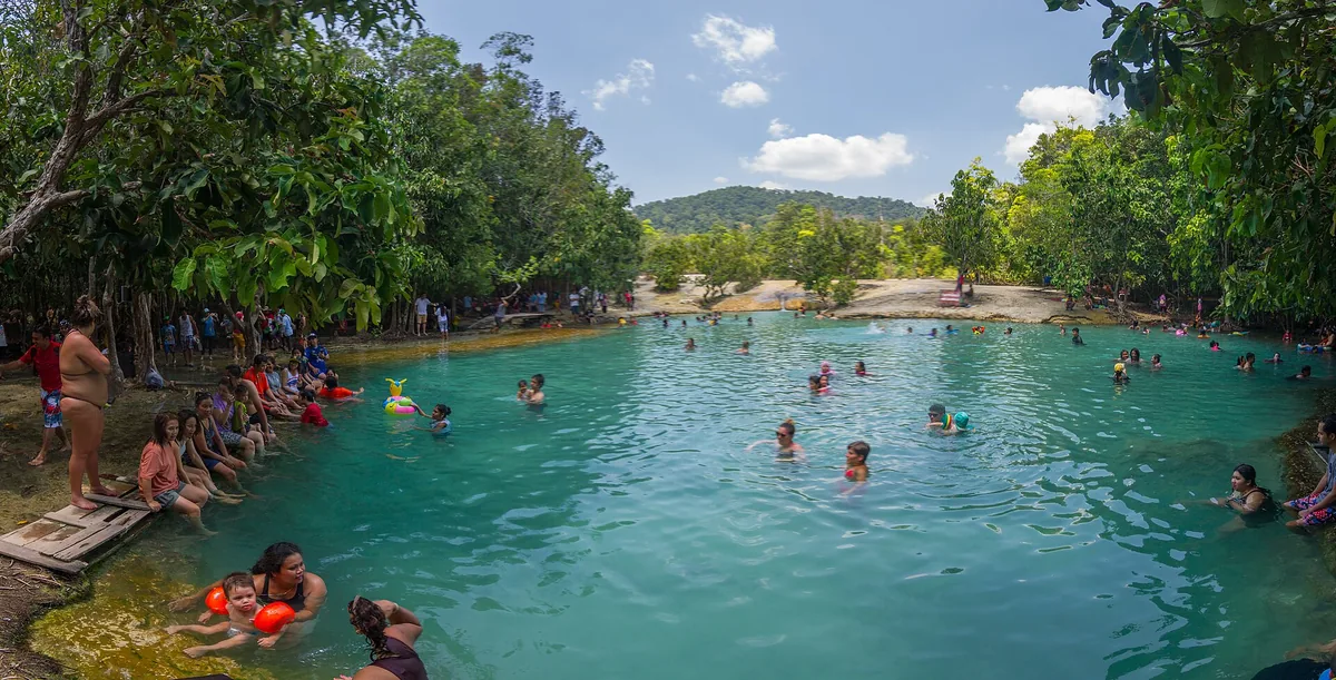 Swimmers in the green spring-fed water of the Emerald Pool, ringed by rainforest.