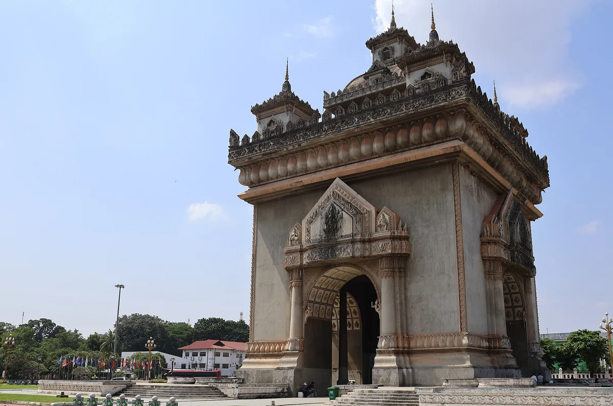 Patuxai, the victory monument at the head of Lane Xang Avenue in Vientiane.